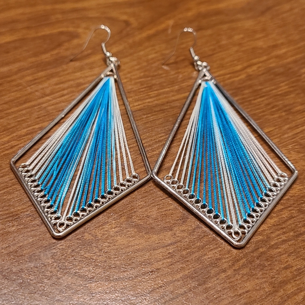 Boho style handmade blue and white earrings
